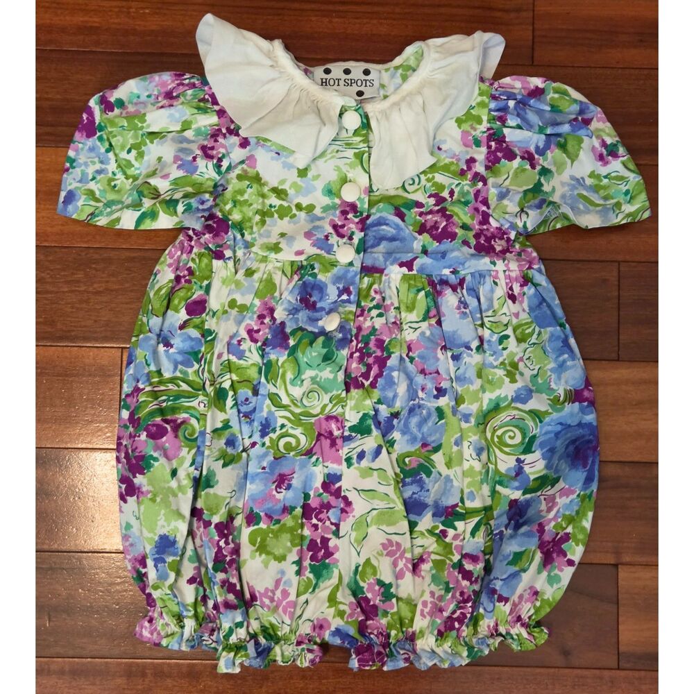 Vintage 90s Floral Purple Balloon Bubble 2T Romper Ruffle Collar Bow
